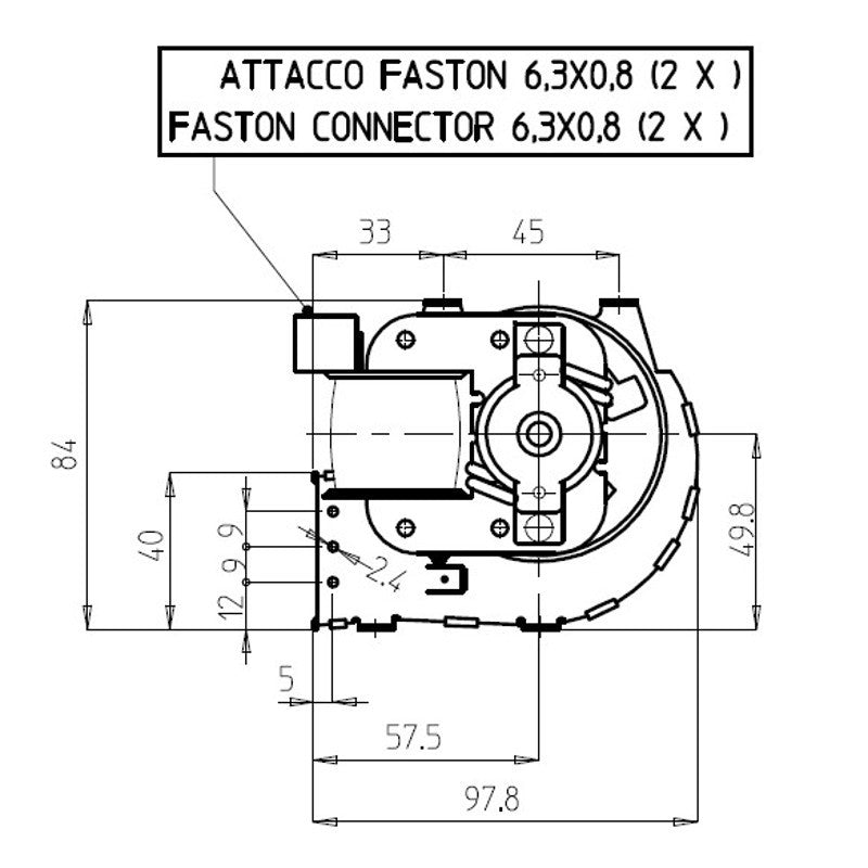 Ventilatore Tangenziale per Stufe a Pellet TGA 60/1-300/30 EMMEVI - FERGAS , Ø Ventola 60mm, Dimensione Bocchetta 304x40mm, Lunghezza Totale 394mm