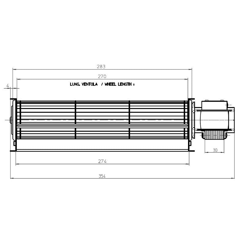 VENTILATORE TANGENZIALE TGA60/1-270/30 RPM 1900 FERGAS, Ø Ventola 60mm, Dimensione BocchetTa 274x40mm, Lunghezza Totale 354mm