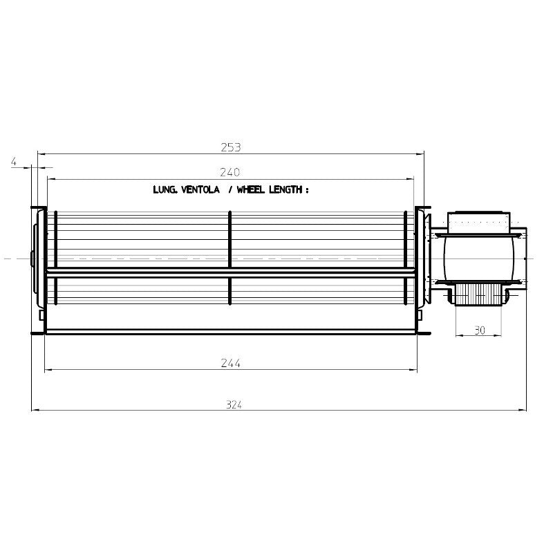 Ventilatore Tangenziale per Stufe a Pellet TGA 60/1-240/30 EMMEVI - FERGAS 113231, Ø Ventola 60mm, Dimensione Bocchetta 244x40mm, Lunghezza Totale 320mm