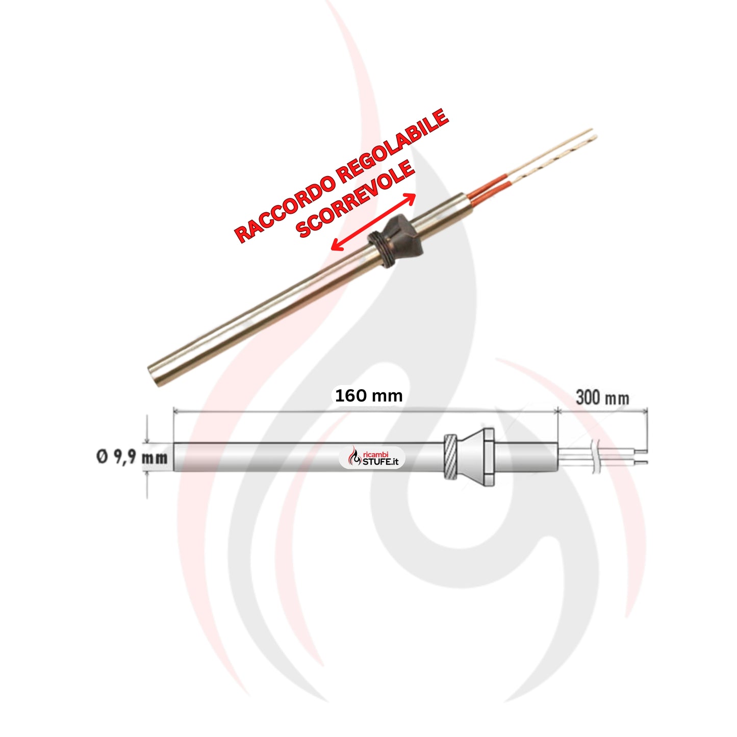 Candeletta Stufa a Pellet Universale D.9,9 L.160 W300 C/raccordo regolabile 3/8"