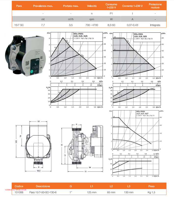 Circolatore per stufe a pellet Para WILO inverter 15/7-50 - 1" - Int. 130mm